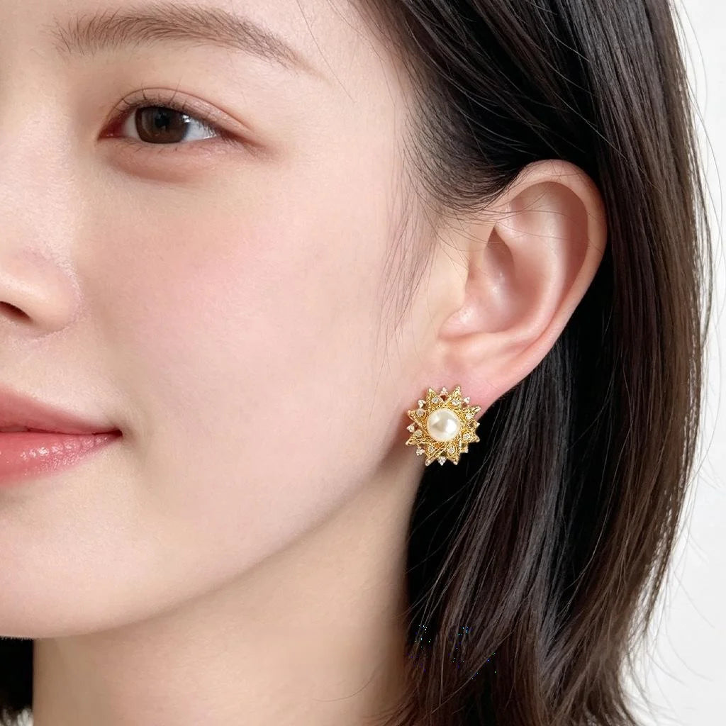 High Luster Pearl And Zircon Sun Geometric Micro Pave Stud Earrings Light Luxury Jewelry