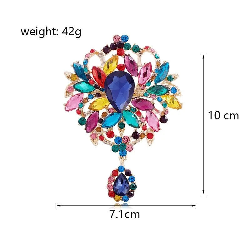 Luxury Rhinestone Flower Bouquet Brooch With Teardrop Crystal Dangle, Elegant Lapel Pin Suit Accessory