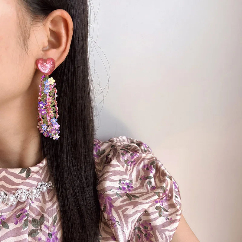Pink Purple Sequin Flower Alloy Long Tassel Stud & Clip On No Piercing Elegant Heart Drop Earrings