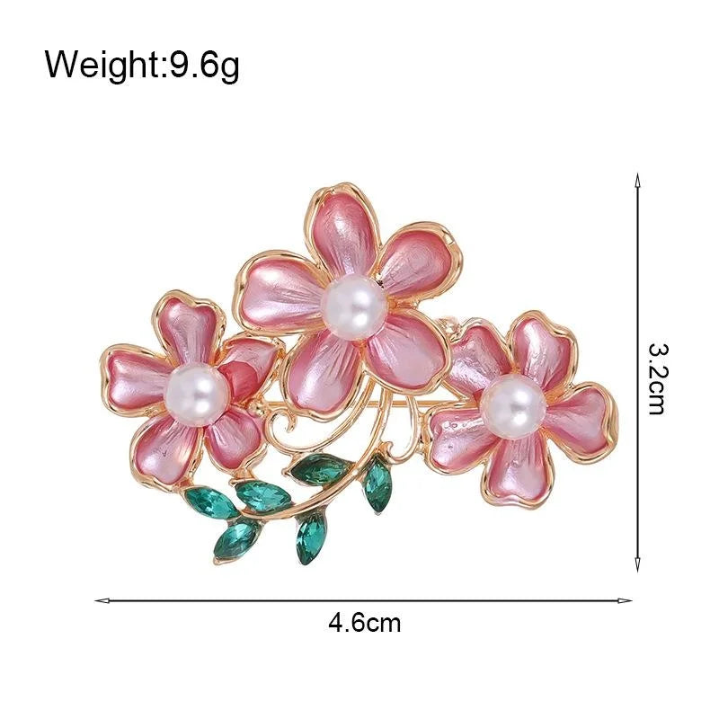 Elegant Korean Style Three Pink Enamel Flower Brooch With Pearl Centers, Alloy Lapel Pin Corsage Gift