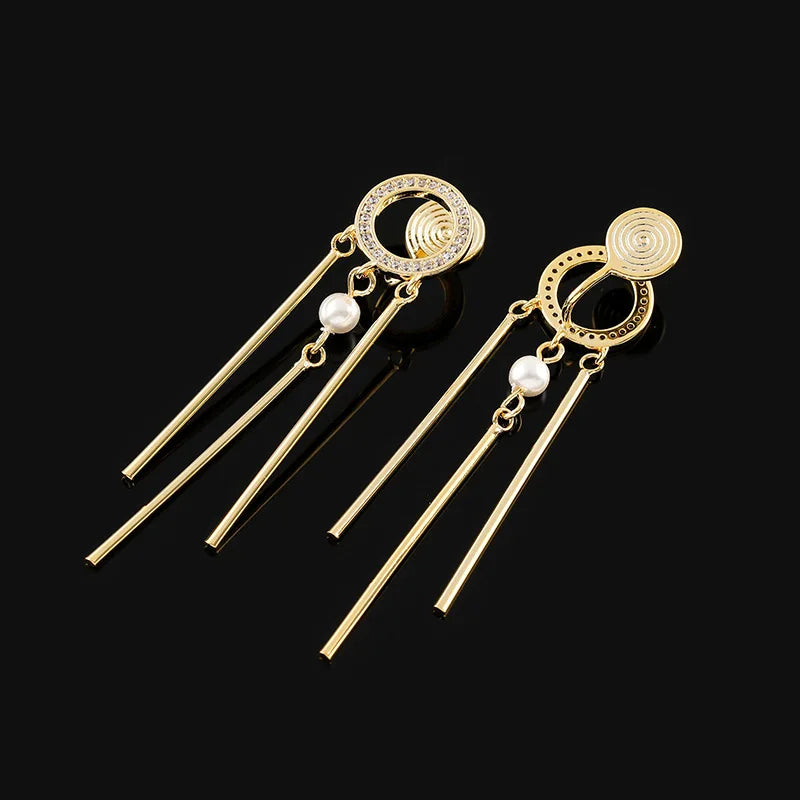 Elegant Gold Alloy Round Spiral Rhinestone Pearl Tassel Stud & Clip On No Piercing Long Drop Earrings
