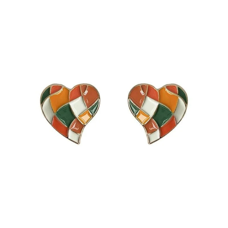 14K Plated Copper Colorblock Plaid Enamel Heart Stud Earrings Korean Sweet Style