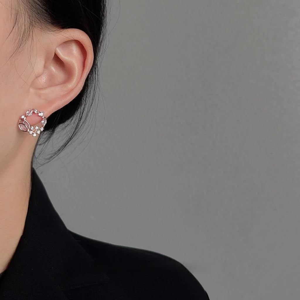 Sweet Rose Gold Floral Wreath Stud Earrings With Glass Cat Eye Stone And Micro Pave Zircon