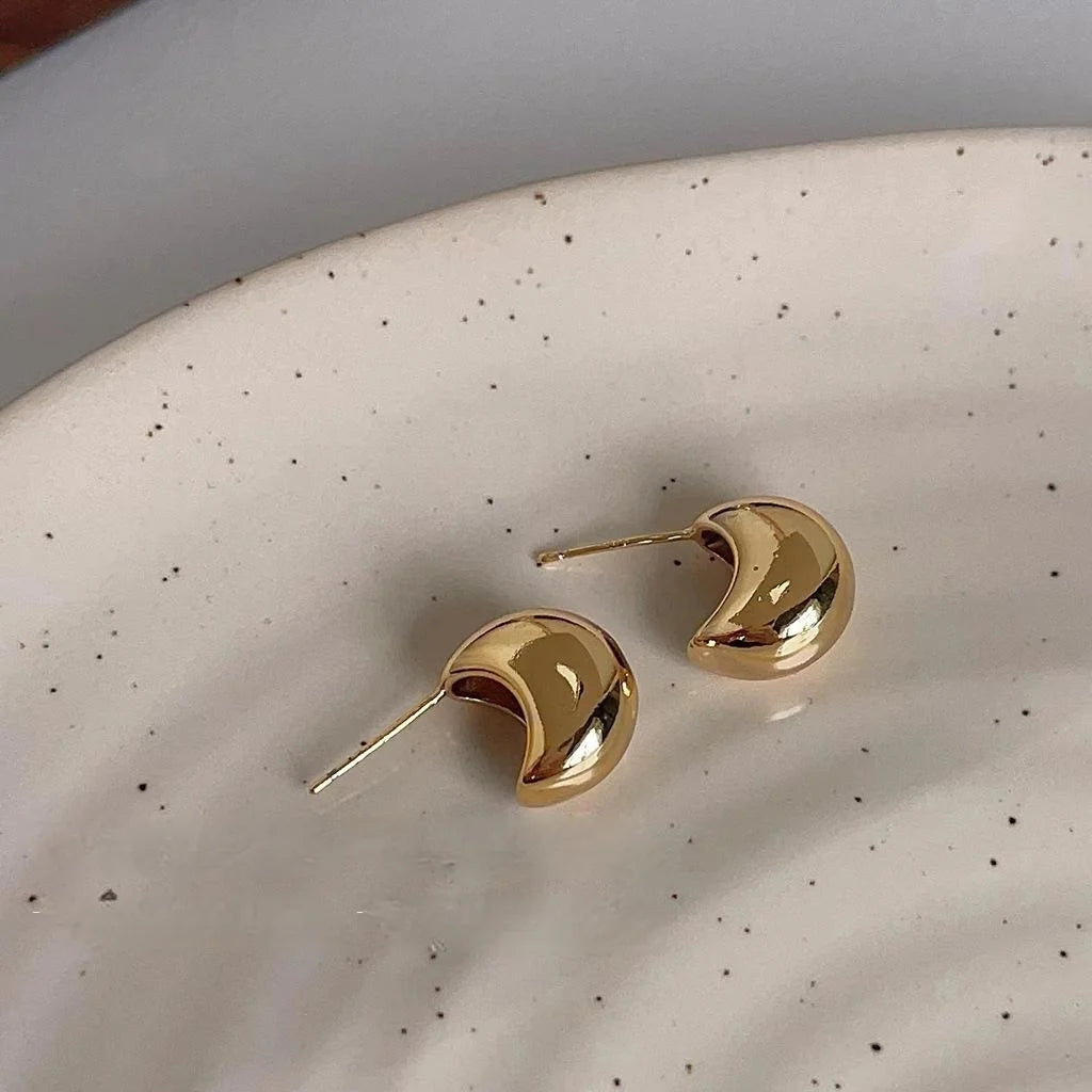 14K Gold Plated Copper Smooth Oval Bean Stud Earrings Elegant Minimalist Geometric Jewelry
