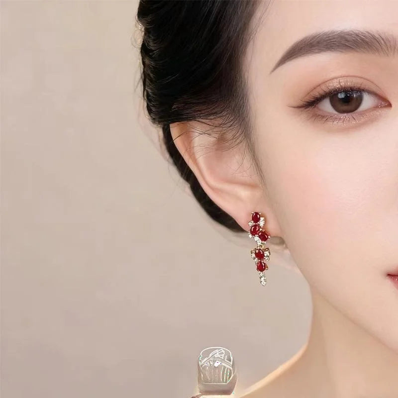Old Money Burgundy Zircon Wheat Tassel Drop Earrings With Copper Geometric Design
