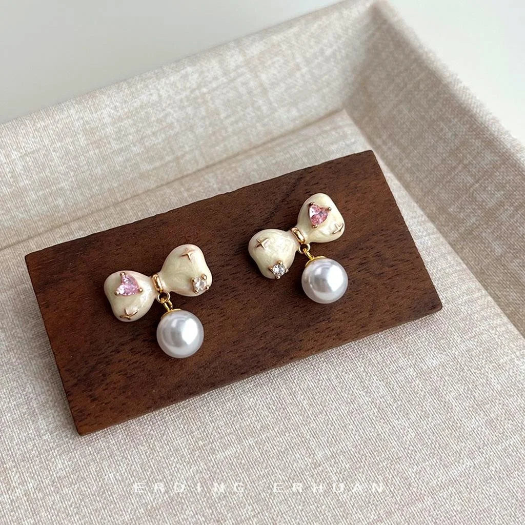 14K Gold Plated Copper Bow Stud Earrings With Micro Pave Zircon Handmade Enamel Korean Sweet Style