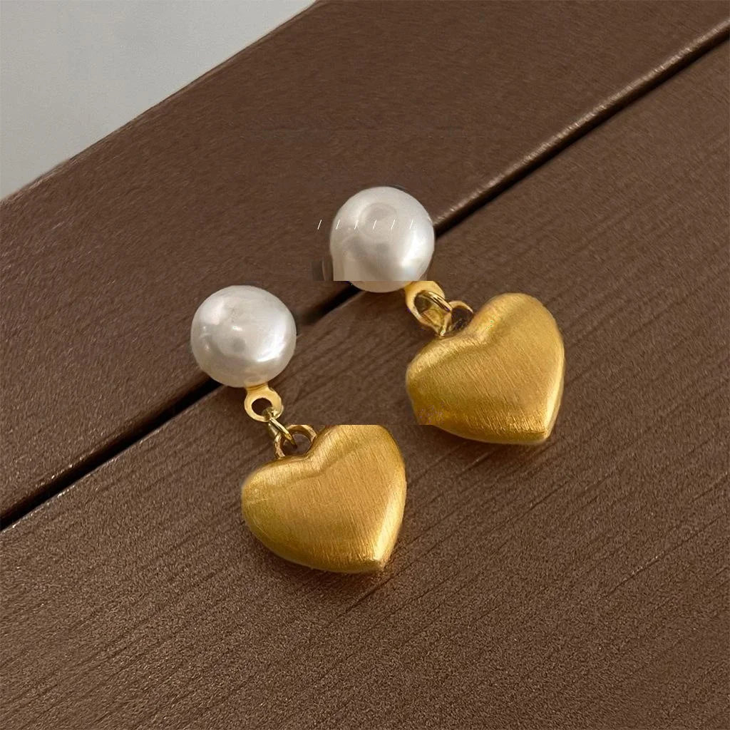 Mini Heart Freshwater Pearl Drop Earrings Brushed Matte Copper Light Luxury Ear Jewelry