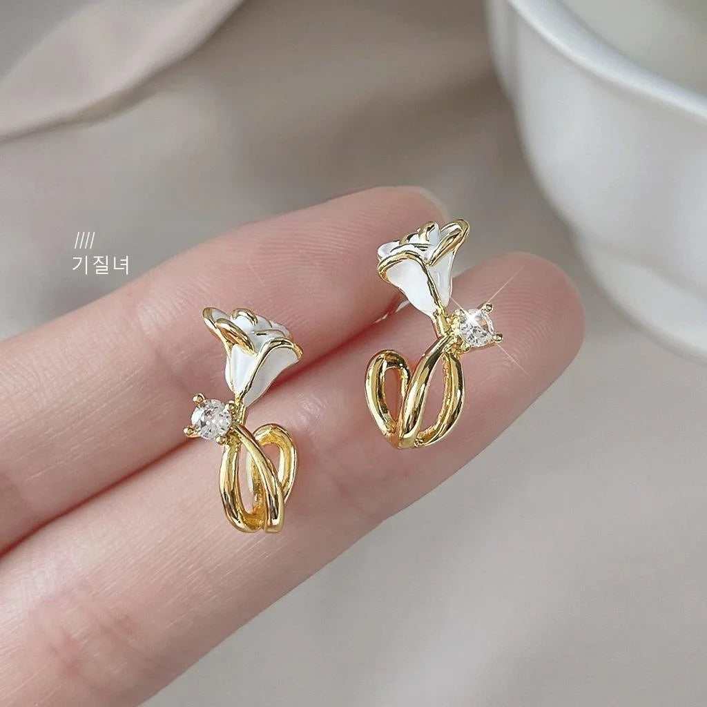French Vintage Copper Micro Pave Zircon Morning Glory Flower Enamel Stud Earrings