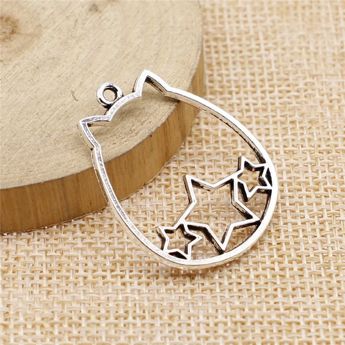27x34mm 2.7g Antique Silver Zinc Alloy Cat Head with Hollow Five-Point Star Charm Pendant for DIY Jewelry