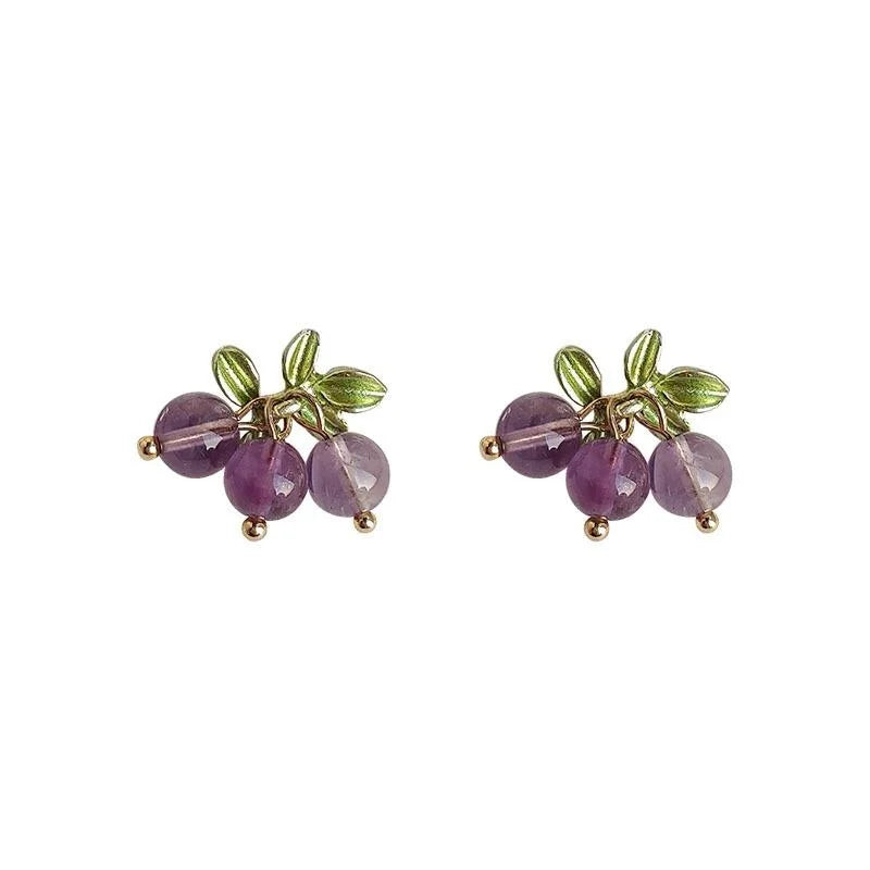 Natural Amethyst Stone Grape Stud Earrings Silver Plated Enamel Pastoral Handmade Jewelry