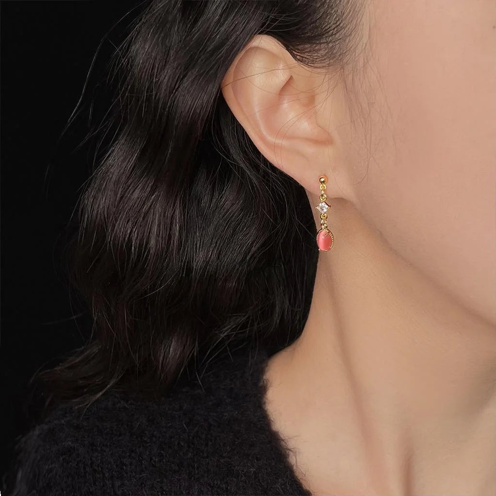 Sweet Rose Red Glass Cat Eye Stone Micro Pave Zircon Copper Geometric Drop Earrings