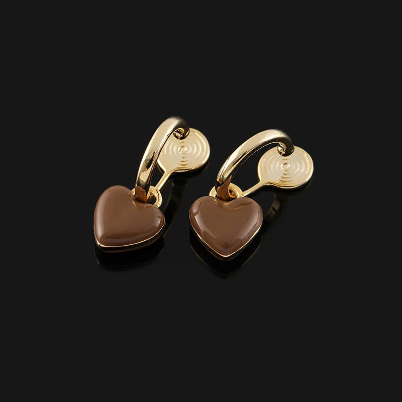 Elegant Coffee Brown Enamel Heart Charm Gold Alloy Stud & Clip On No Piercing Hoop Drop Earrings