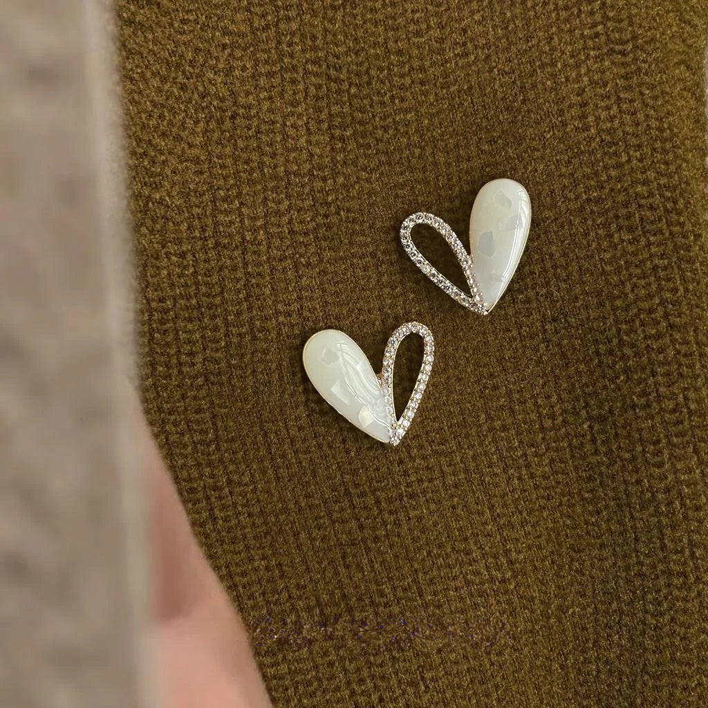 French Vintage Copper Heart Stud Earrings, Micro Pave Zircon Enamel Hollow Design