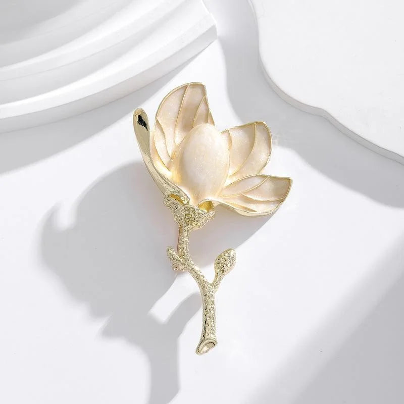 Elegant French Magnolia Flower Brooch With Mother Of Pearl Enamel Petals, Gold Alloy Lapel Pin Corsage Gift
