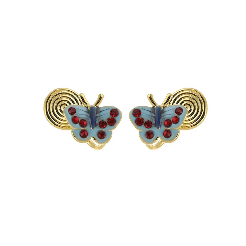 Vintage Blue Enamel Butterfly Rhinestone Stud & Clip On No Piercing Coil Back Women's Fashion Earrings