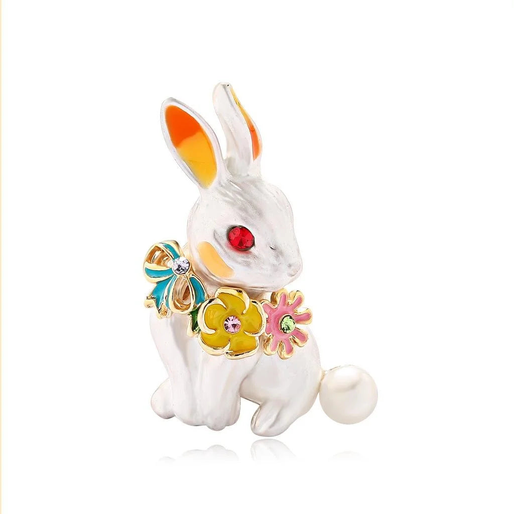 Cute Enamel Rabbit Brooch With Rhinestone Eyes, Alloy Flower Corsage Lapel Pin For Suit Accessory Gift