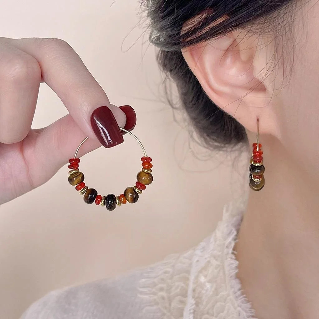 14K Plated Resin Maillard Brown Burgundy Geometric Ring Drop Earrings