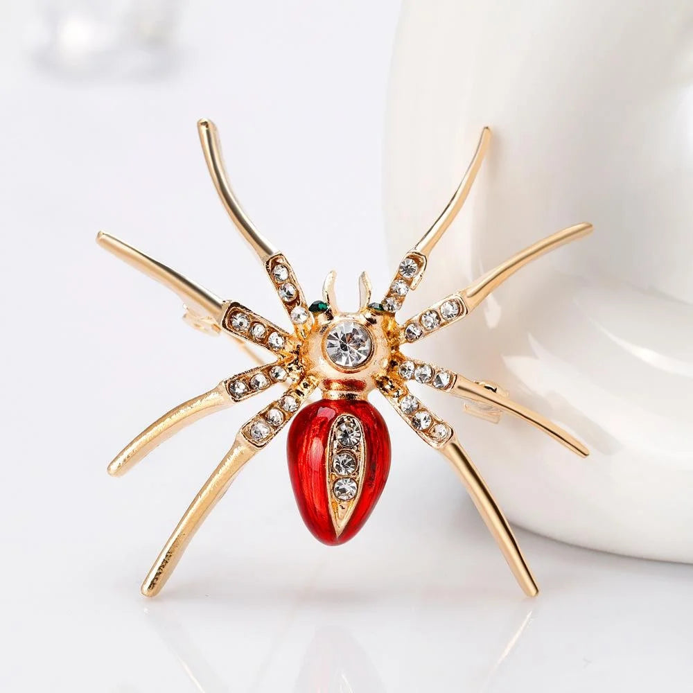 Luxury Gold Alloy Spider Brooch With Red Enamel And Rhinestones, Elegant Women's Lapel Pin Suit Accessory
