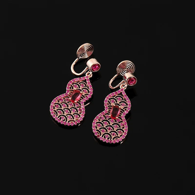 Luxury Rose Gold Hollow Gourd Floral Zircon Dangle Stud & Clip On No Piercing Women's Earrings