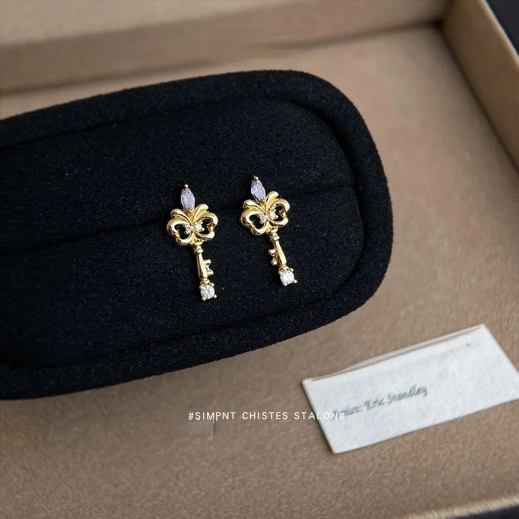 Original Designer Iris Flower Key Stud Earrings Micro Paved Zircon Copper Fashion Jewelry