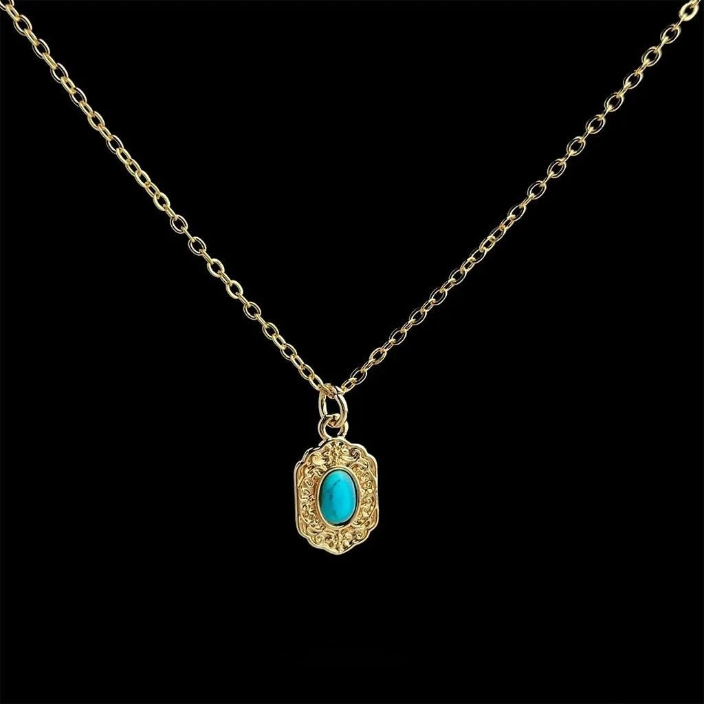 18K Gold Plated Copper Synthetic Turquoise Geometric Vintage Minimalist Collarbone Necklace