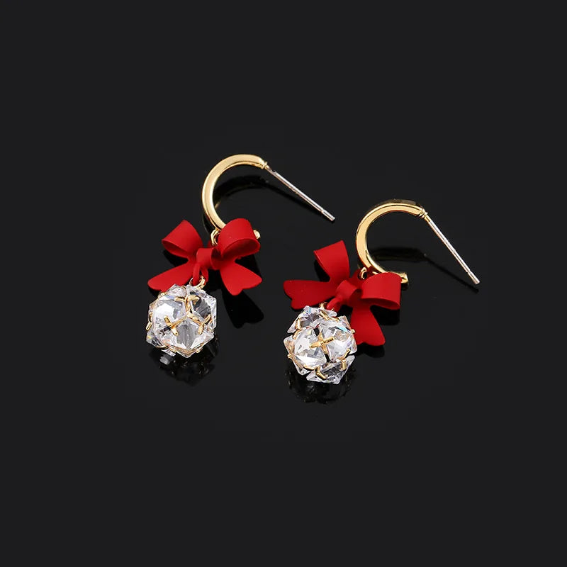 Elegant Red Bowknot Zircon Crystal Ball Spiral Alloy Stud & Clip On No Piercing Drop Dangle Earrings