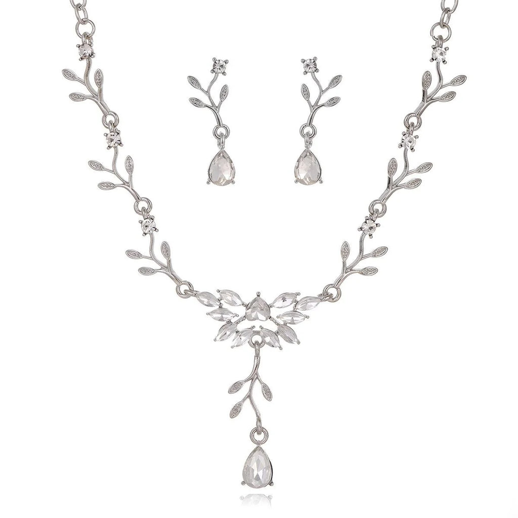 Elegant Silver Alloy Leaf Vine Teardrop Crystal Earrings And Necklace Jewelry Set For Bridal Wedding Party