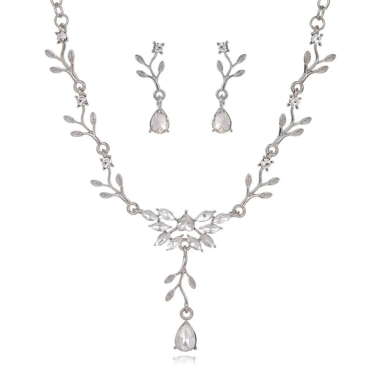 Elegant Silver Alloy Leaf Vine Teardrop Crystal Earrings And Necklace Jewelry Set For Bridal Wedding Party