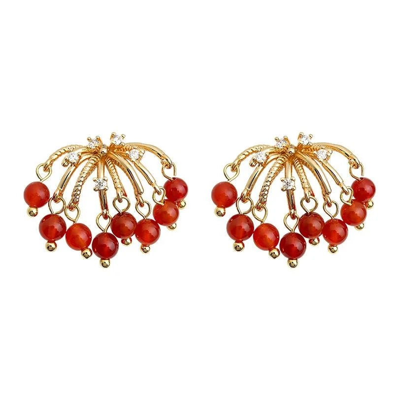 Old Money Style Copper Red Agate Zircon Micro Pave Round Geometric Drop Earrings