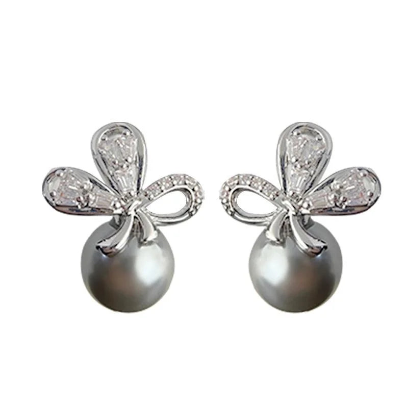 Luxury Bow Butterfly Stud Earrings With Micro Pave Zircon And Gray Glass Pearl Copper