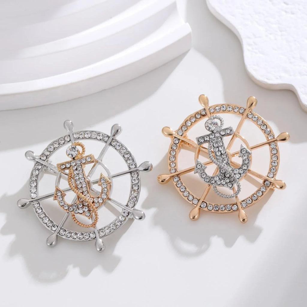 Luxury Rhinestone Alloy Ship Wheel Anchor Brooch, Nautical Lapel Pin Corsage Suit Accessory Gift