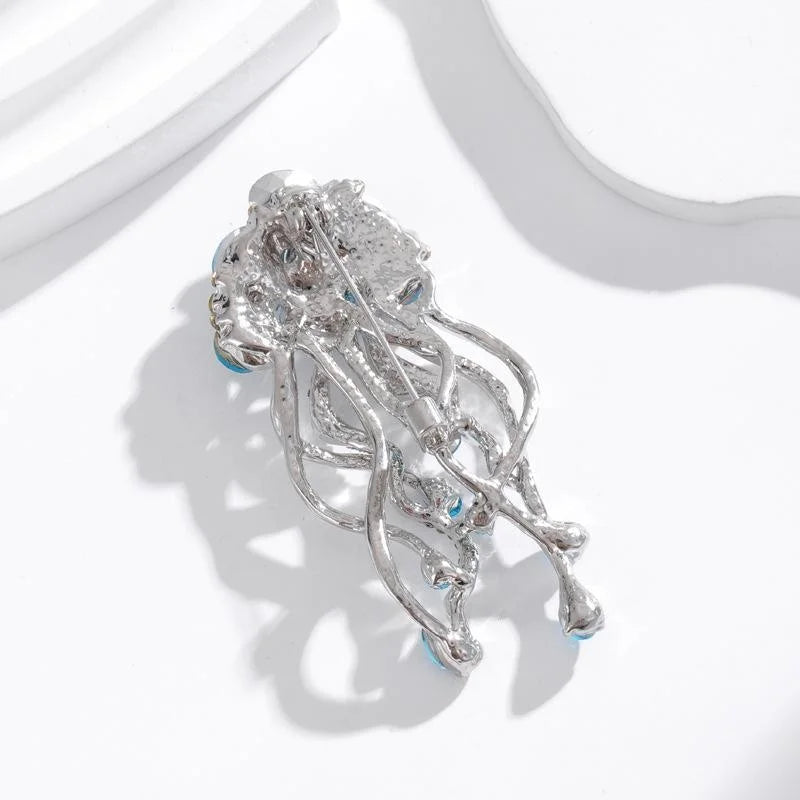 Elegant Blue Rhinestone Jellyfish Brooch, Gold Tone Alloy Ocean Animal Lapel Pin Corsage Gift