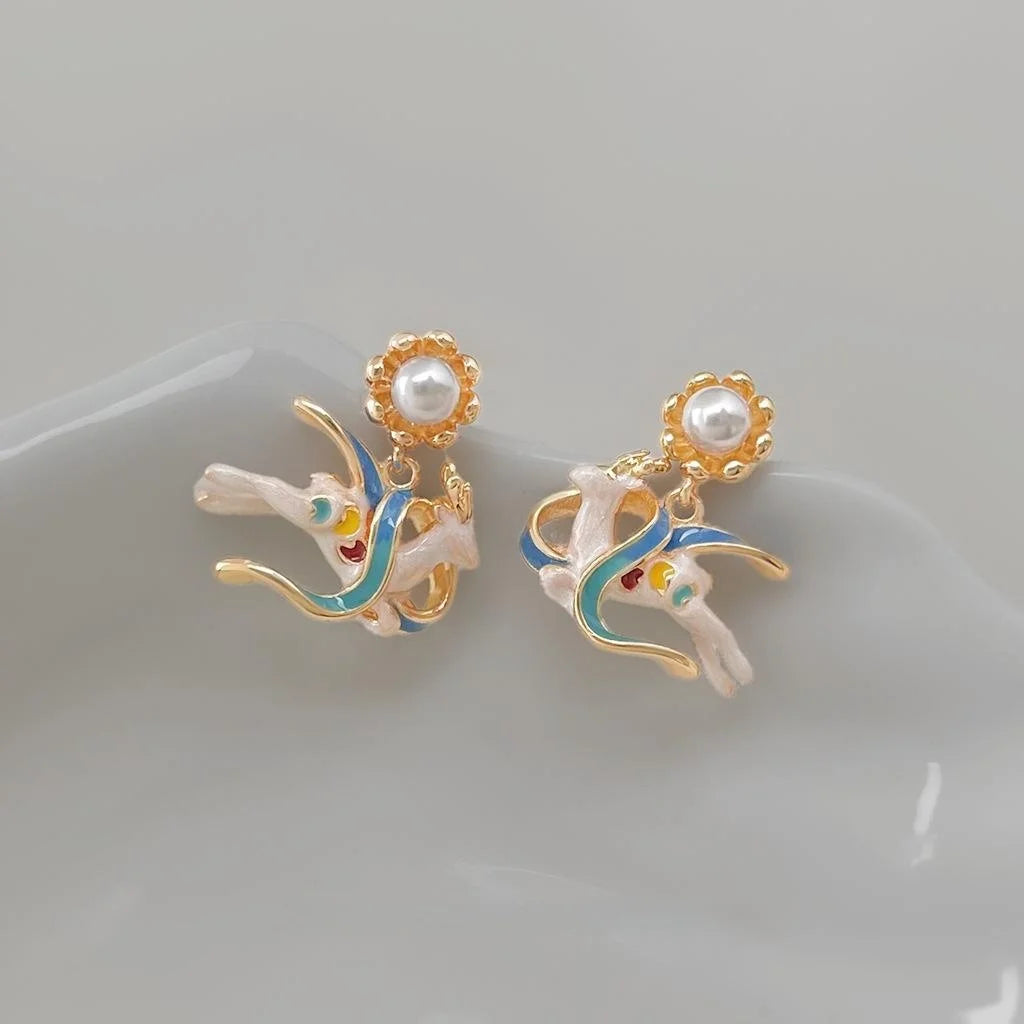 Dunhuang Style Hand Painted Enamel Copper Deer Drop Earrings With Pearl