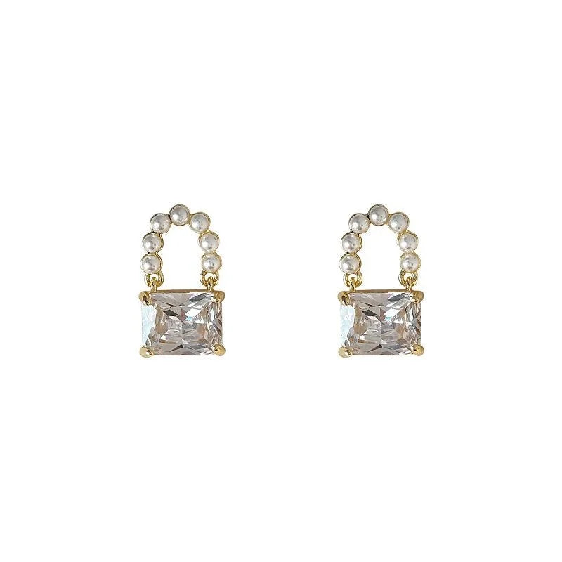 French Vintage Copper U-Shaped Pearl Zircon Handbag Stud Earrings For Women