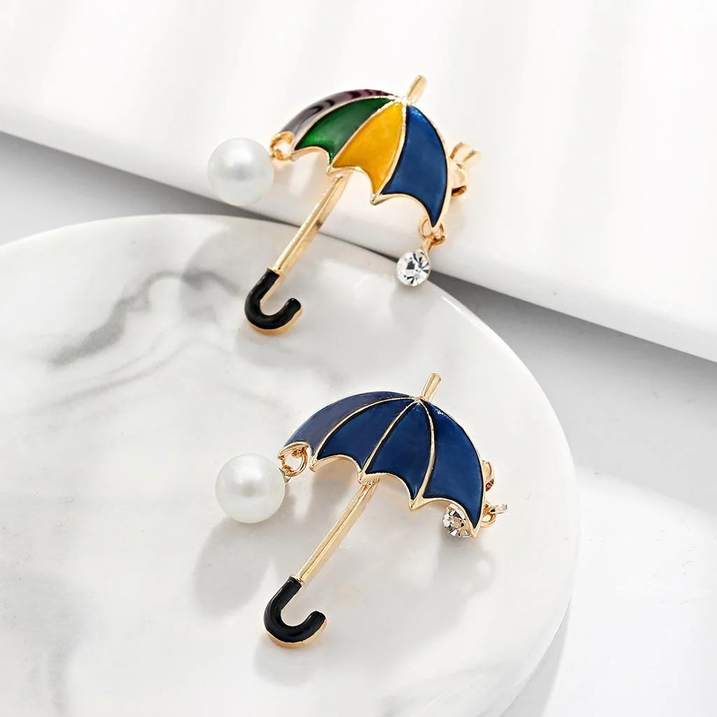 Elegant Enamel Umbrella Brooch Alloy Rhinestone Pearl Lapel Pin, Creative Suit Corsage Gift Accessory