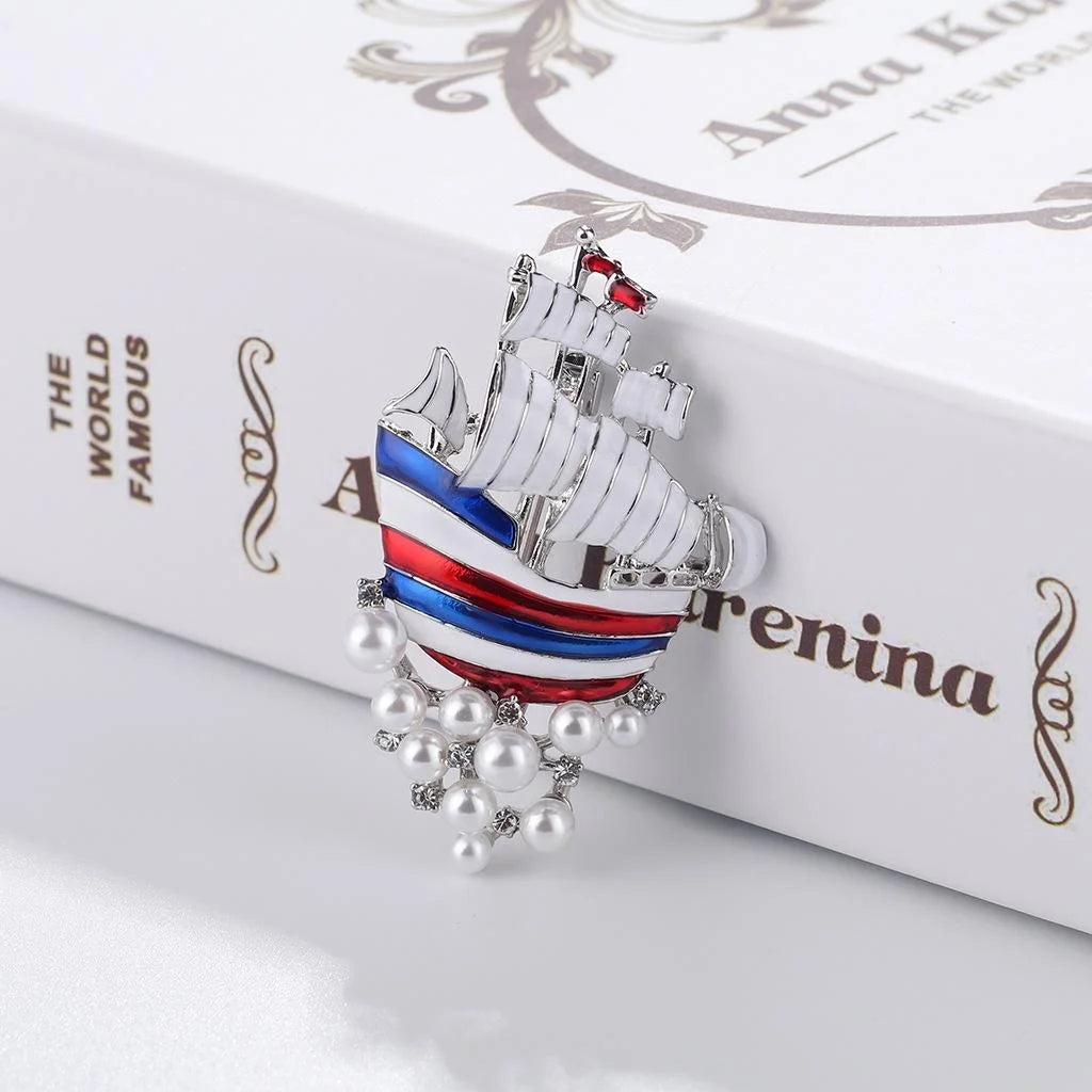 Vintage Alloy Enamel Sailing Ship Brooch With Faux Pearls And Rhinestones, Elegant Lapel Pin Suit Accessory