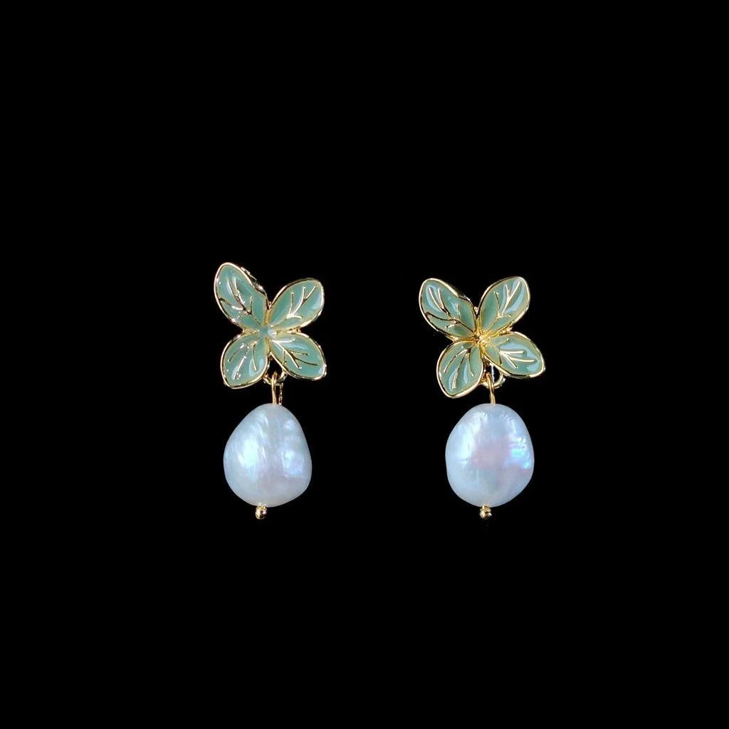 14K Gold Plated Enamel Leaf Freshwater Pearl Stud Earrings, Geometric Luxury Style