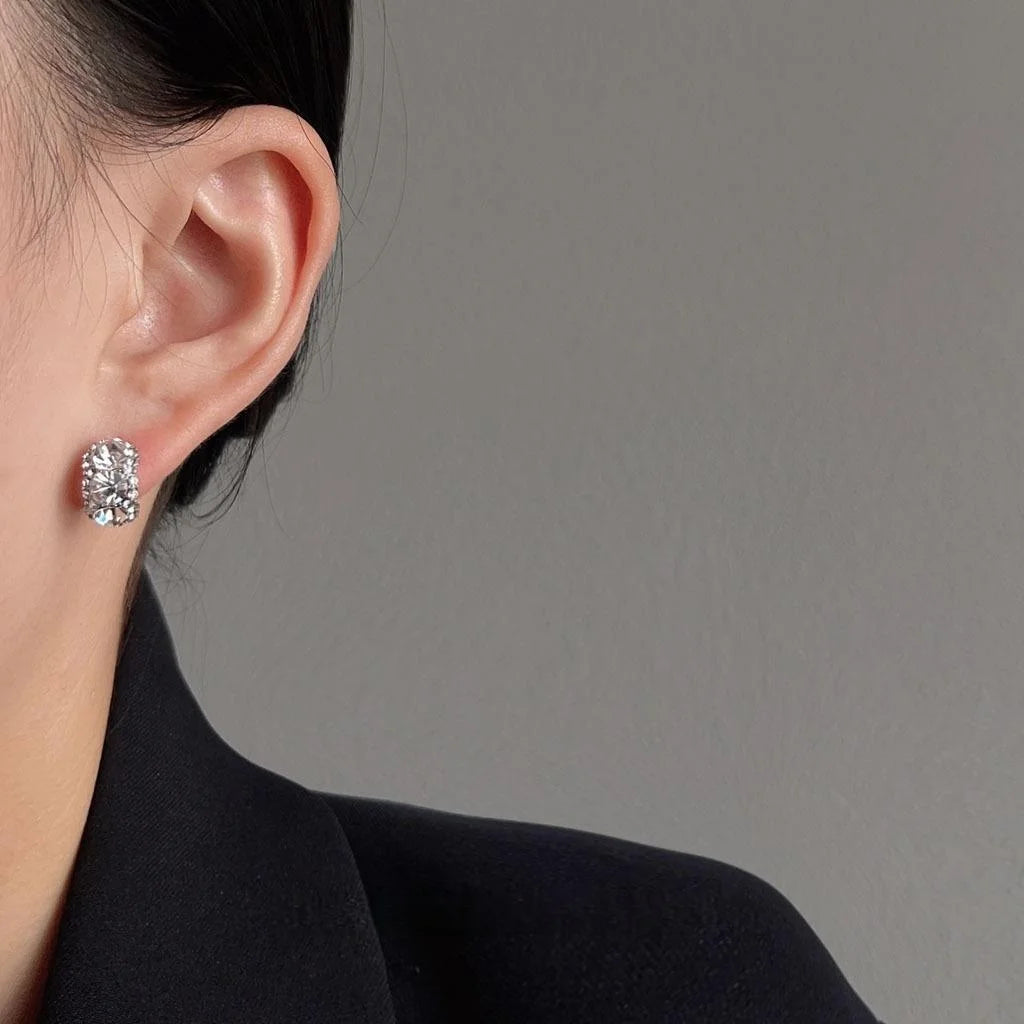 Sparkly Rhinestone U-Shaped Copper Drop Earrings, Silver-Plated Minimalist Commuter Jewelry