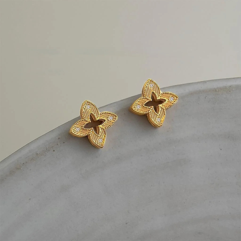 Copper Zircon Hollow Flower Geometric Stud Earrings Minimalist Light Luxury