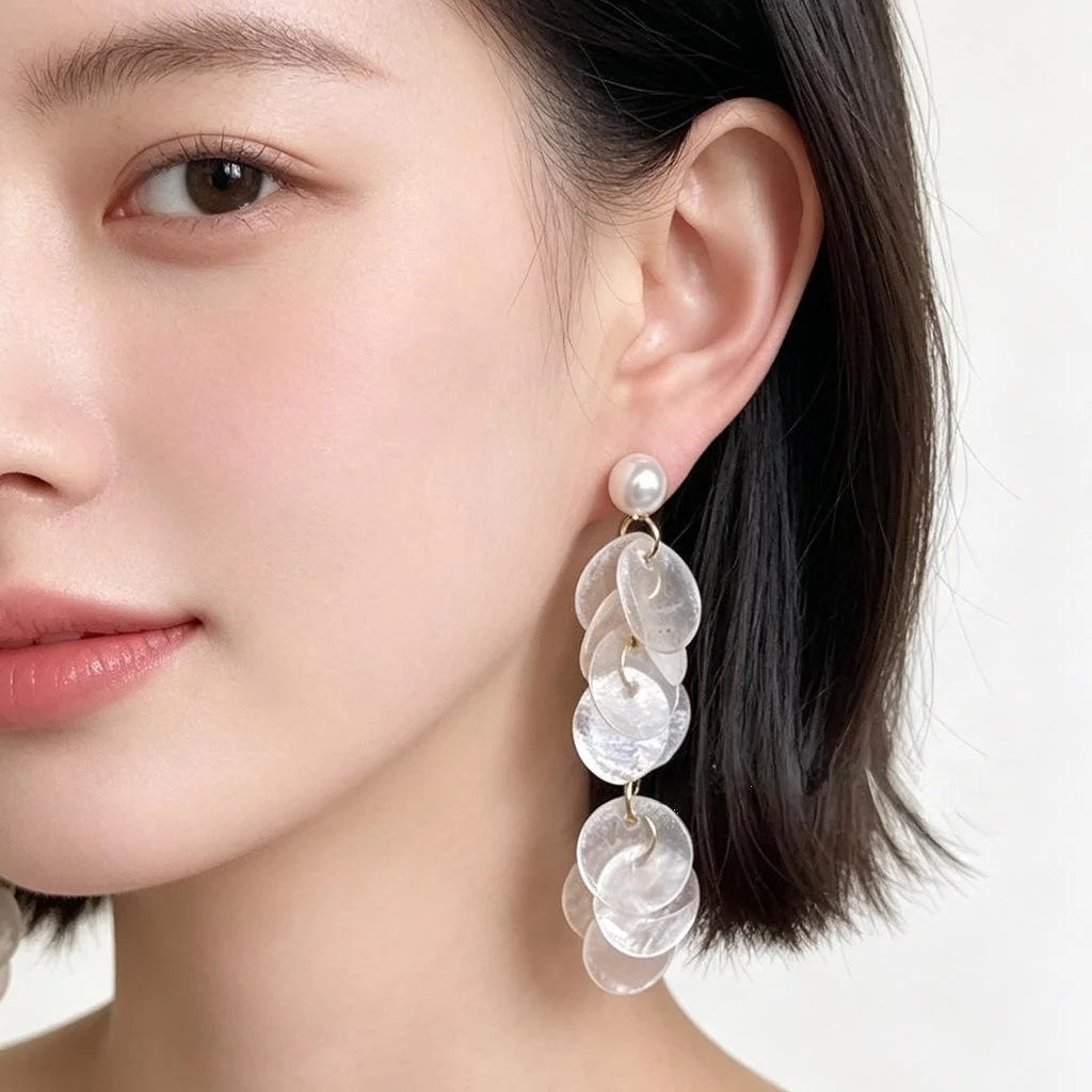 Copper Shell Pearl Tassel Drop Earrings For Women Summer Vacation Fresh Sweet Style