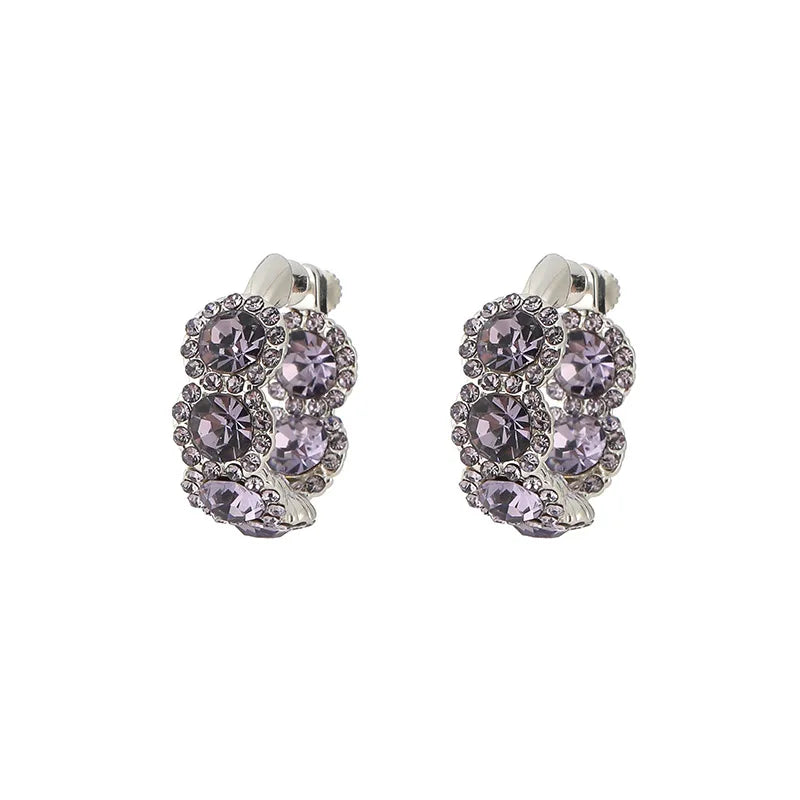 Elegant Purple Crystal Rhinestone Hoop Huggie Stud & Clip On No Piercing Alloy Circle Earrings