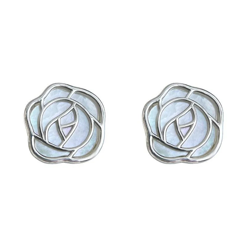 Elegant Silver Plated Copper Real Shell Hollow Rose Flower Stud Earrings For Women