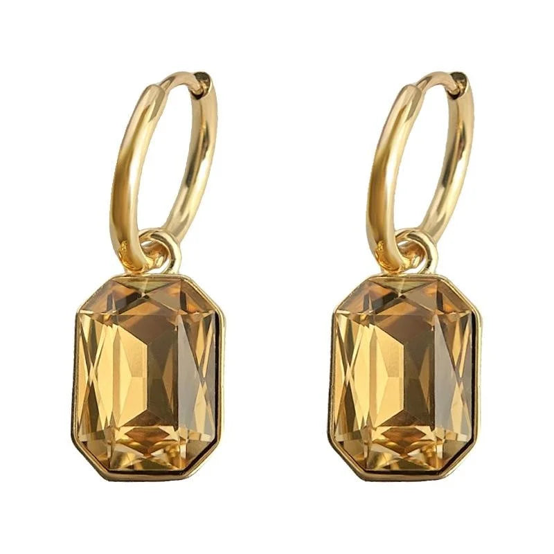 Real Gold Plated Copper Glass Crystal Geometric Drop Earrings Luxury Vintage Square Jewelry