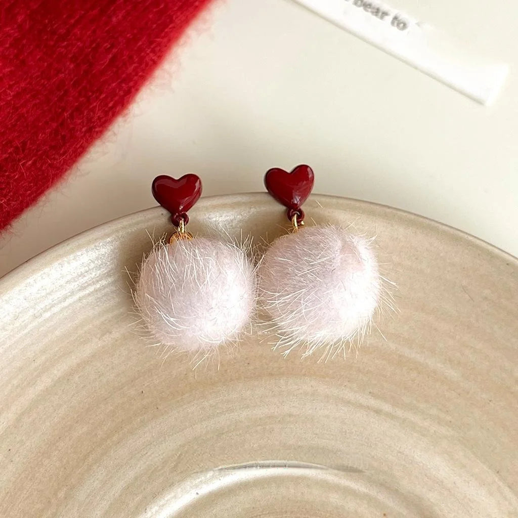 Sweet Burgundy Pom Pom Drop Earrings For Women, Winter Enamel Heart Geometric Daily Jewelry