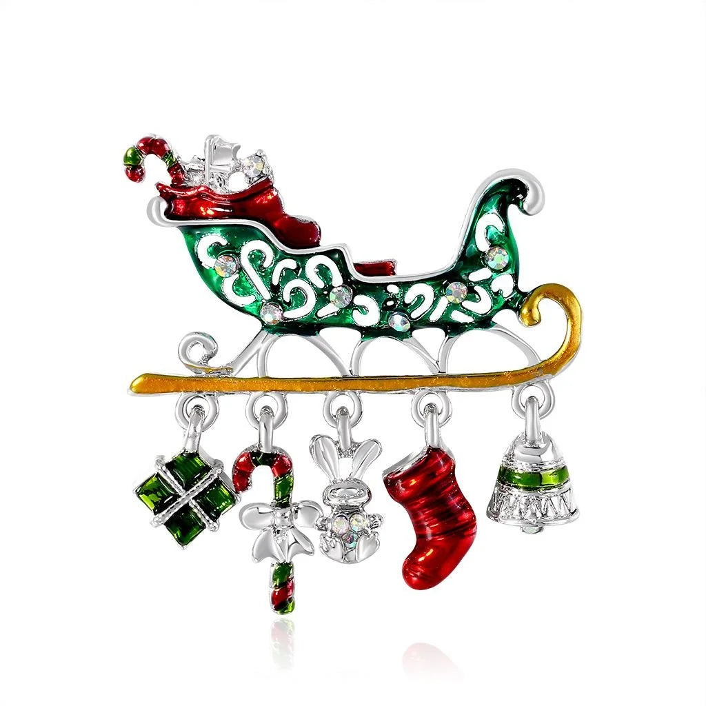 Cute Christmas Sleigh Alloy Rhinestone Enamel Brooch, Festive Holiday Lapel Pin Corsage Gift For Women