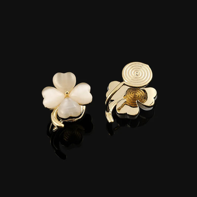 Elegant Cat Eye Stone Four Leaf Clover Alloy Stud & Clip On No Piercing Lucky Flower Earrings