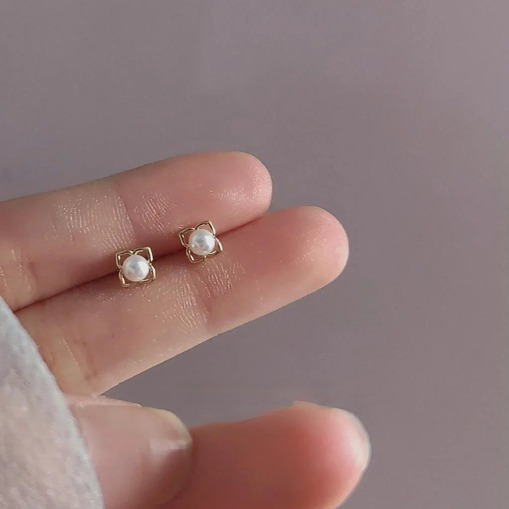 14K Plated Copper Flower Pearl Stud Earrings, Mini Minimalist Korean Style Earrings