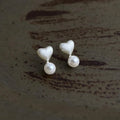 Minimalist Brushed Silver Copper Heart Glass Pearl Stud Earrings Elegant Office Jewelry