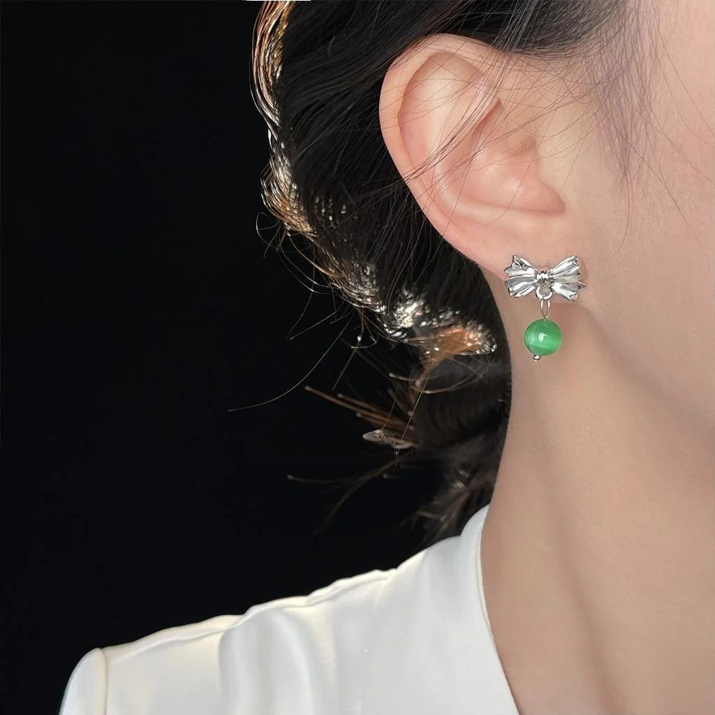 Elegant Green Glass Cat Eye Stone Bow Stud Earrings For Women Forest Style Jewelry
