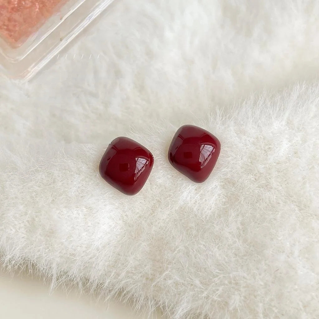 14K Plated Copper Wine Red Enamel Geometric Stud Earrings French Vintage Style
